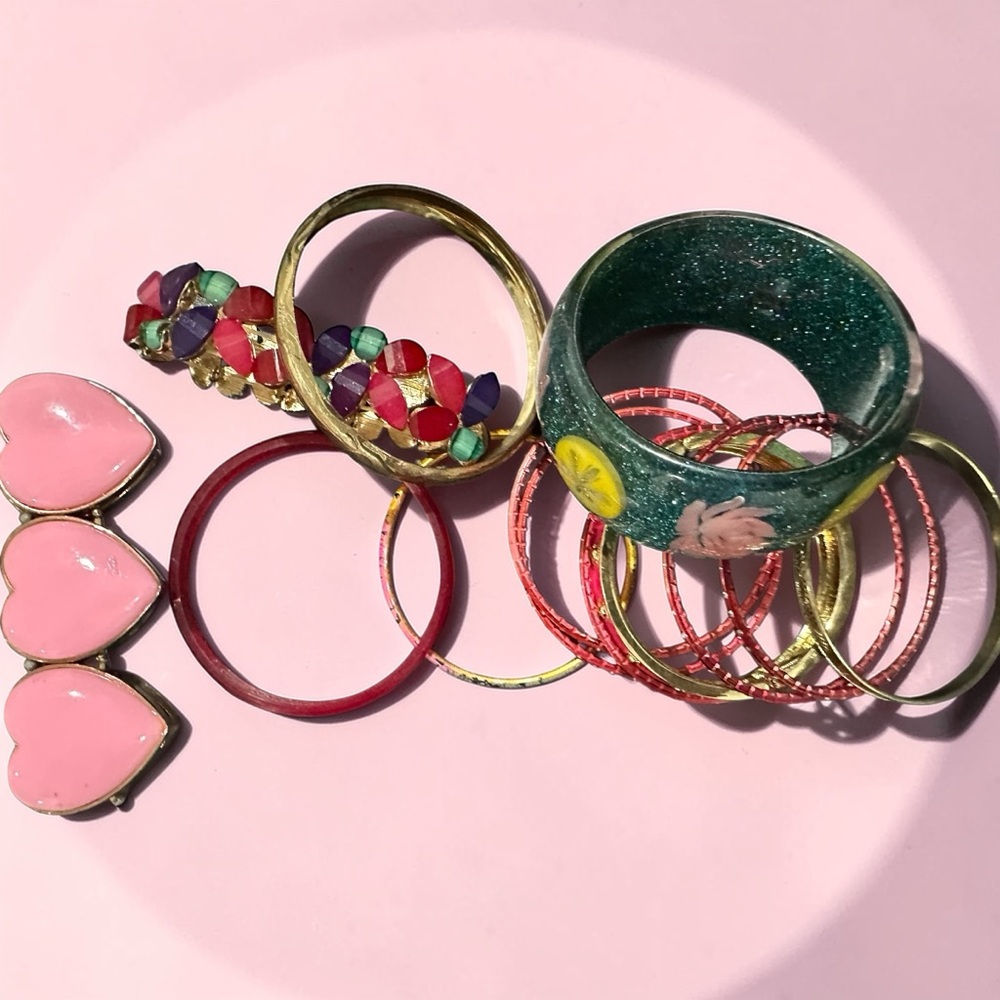 Vintage Boho BangleBracelet Stack-Enamel Hearts Floral Cloisonné Style Pink/Teal - Picture 3 of 4